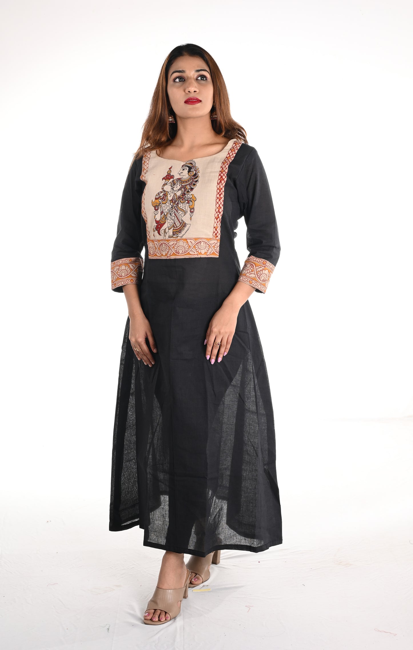 Woven Cotton A line Kurta with Y neck & Kalamkari Patches,, Black, KH1074