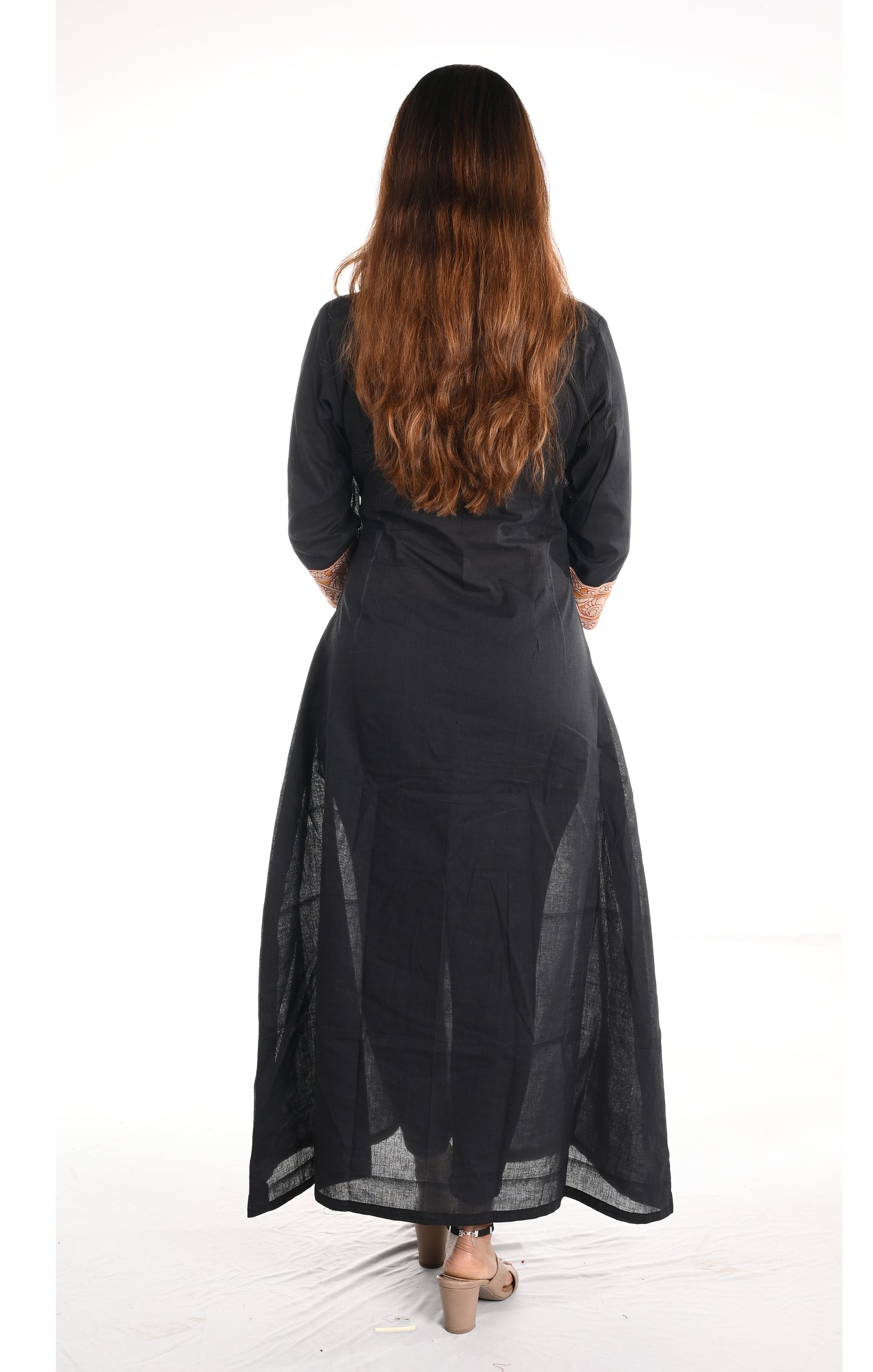 Woven Cotton A line Kurta with Y neck & Kalamkari Patches,, Black, KH1074