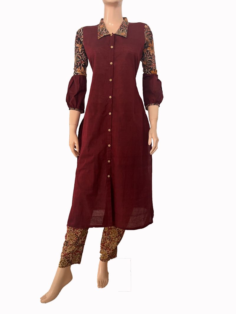 Handloom South Cotton Straight cut Kurti with Kalamkari Patches & Collar neck, Maroon, KH1075