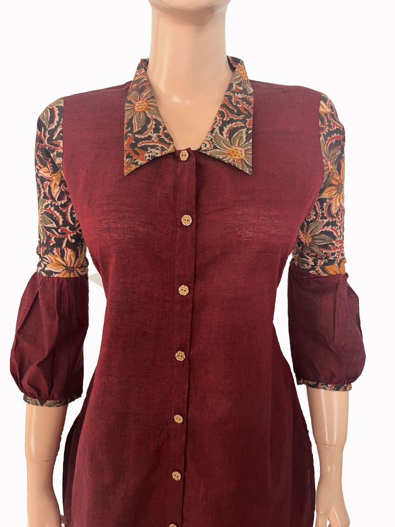Handloom South Cotton Straight cut Kurti with Kalamkari Patches & Collar neck, Maroon, KH1075