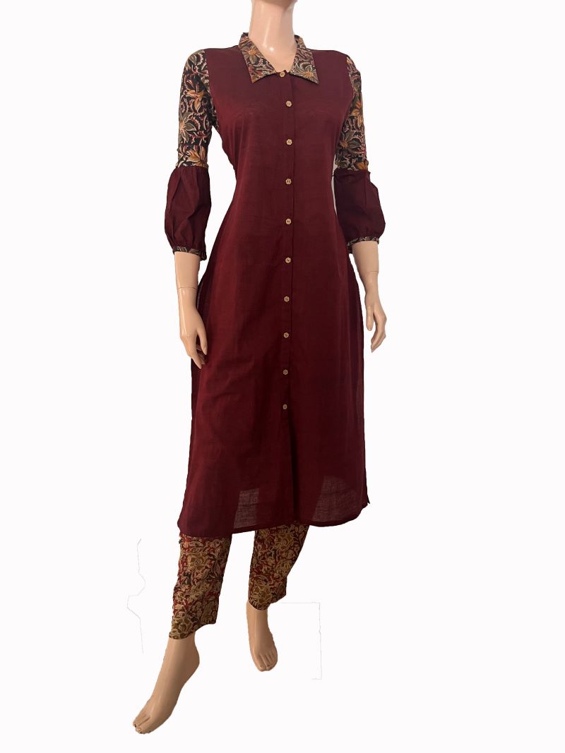 Handloom South Cotton Straight cut Kurti with Kalamkari Patches & Collar neck, Maroon, KH1075