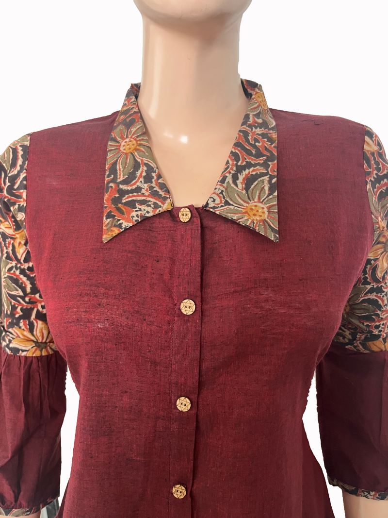 Handloom South Cotton Straight cut Kurti with Kalamkari Patches & Collar neck, Maroon, KH1075