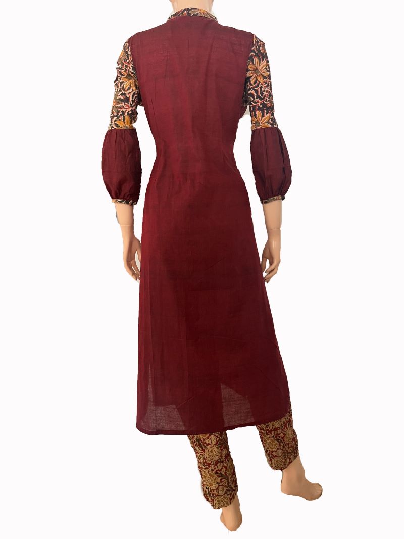 Handloom South Cotton Straight cut Kurti with Kalamkari Patches & Collar neck, Maroon, KH1075
