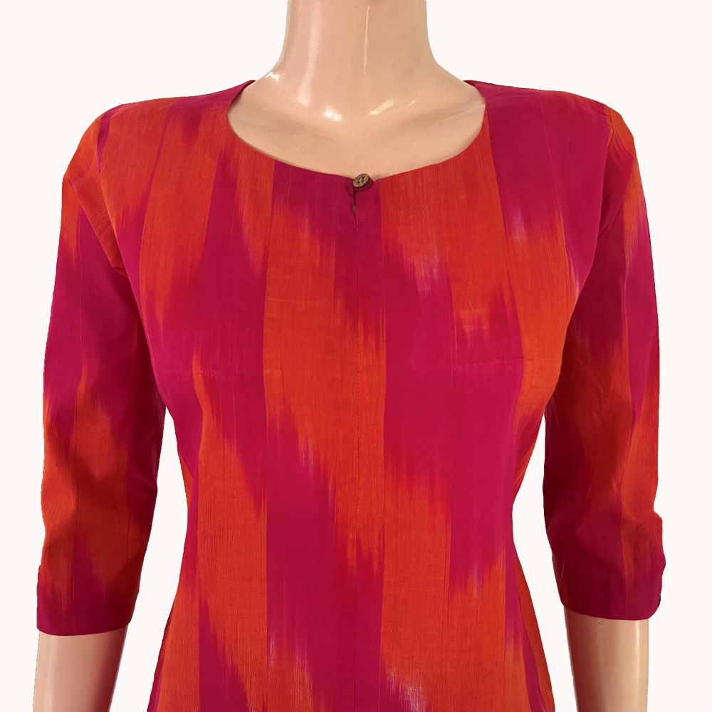 Mangalgiri Tie-Dye Cotton Straight cut Kurti , Majentha - Orange , KH1076