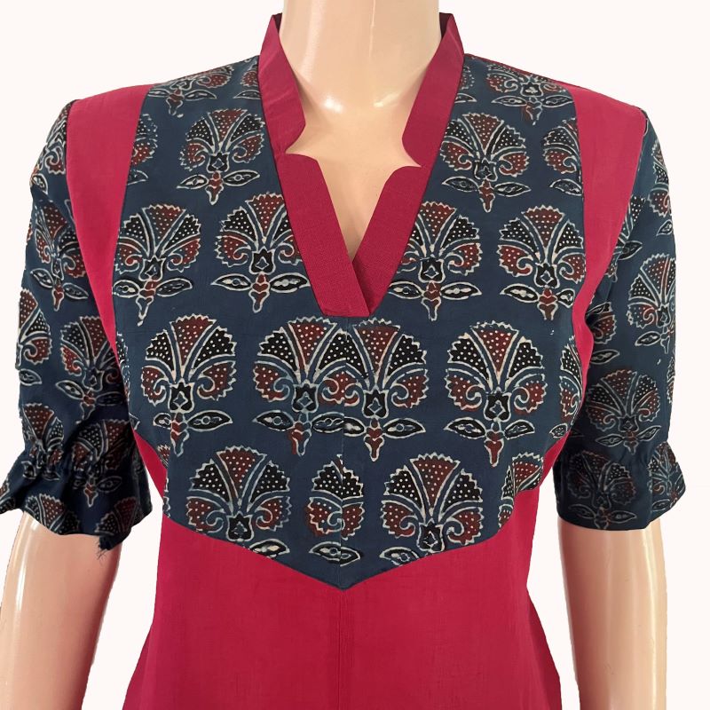 South Cotton V Collar A line Kurta with Ajrakh patches , Marron- Indigo Blue , KH1077