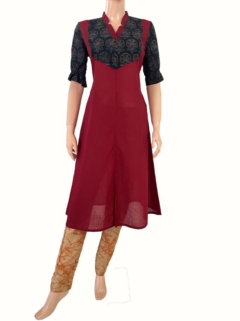 South Cotton V Collar A line Kurta with Ajrakh patches , Marron- Indigo Blue , KH1077