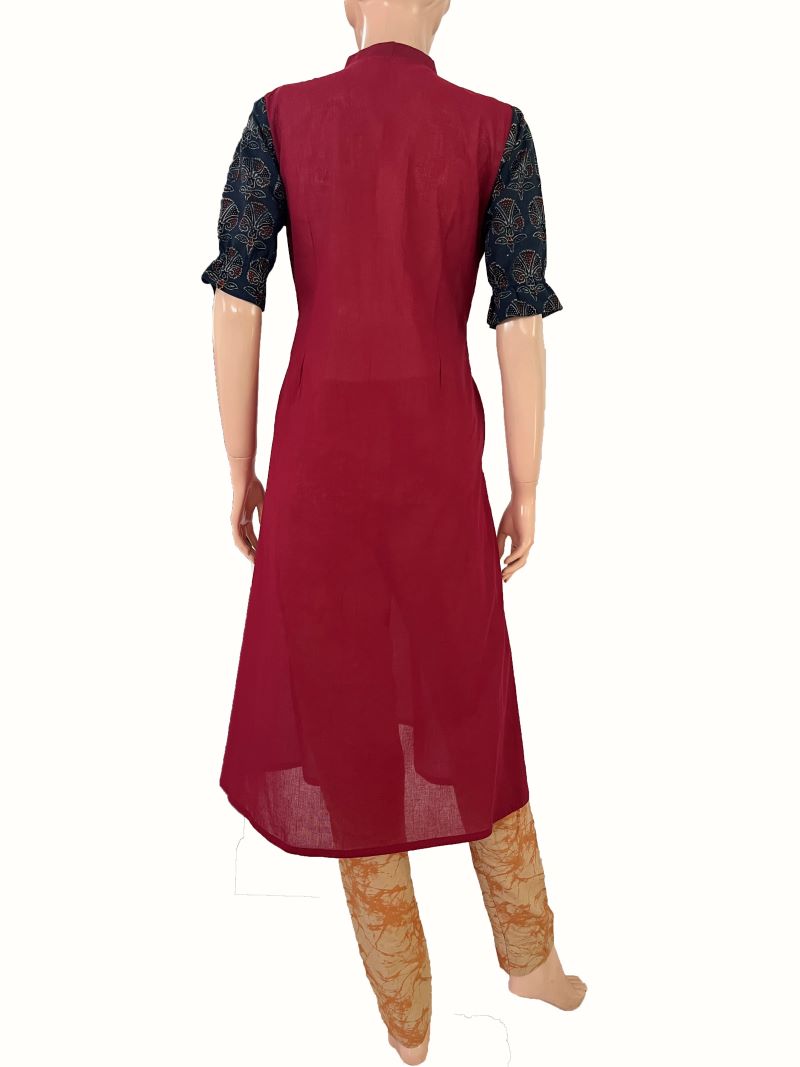 South Cotton V Collar A line Kurta with Ajrakh patches , Marron- Indigo Blue , KH1077