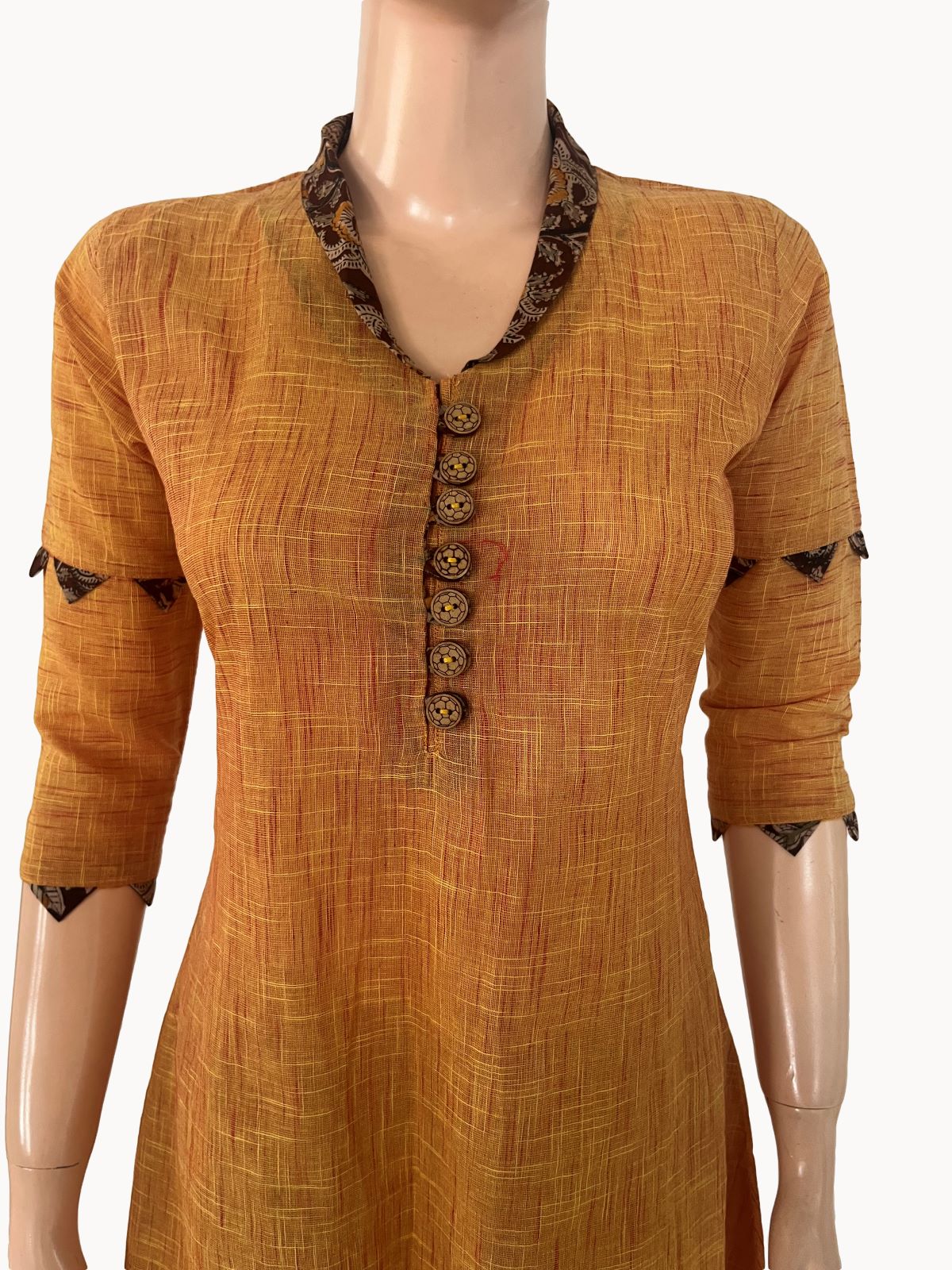 Slub Cotton Shawl Collar A line Kurta with Kalamkari Patches, Mustard , KH1078