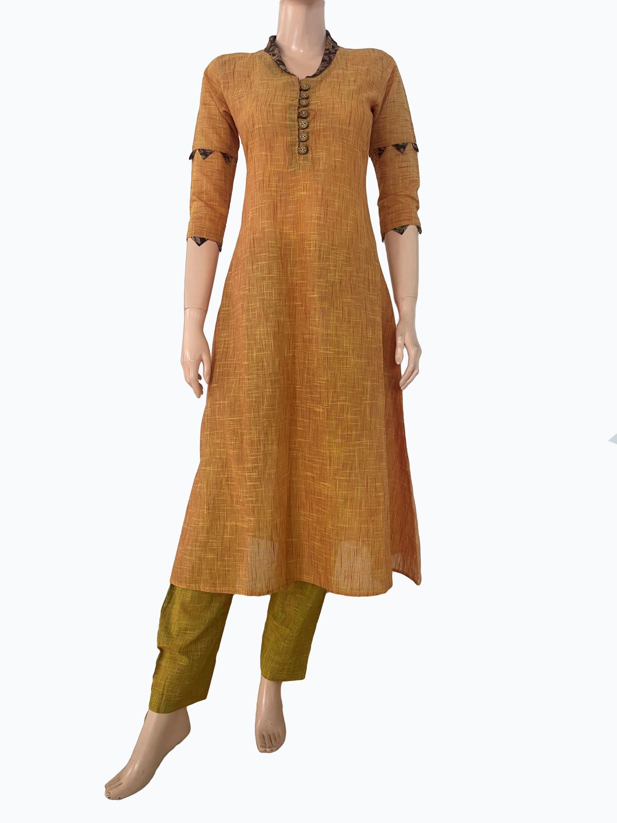 Slub Cotton Shawl Collar A line Kurta with Kalamkari Patches, Mustard , KH1078