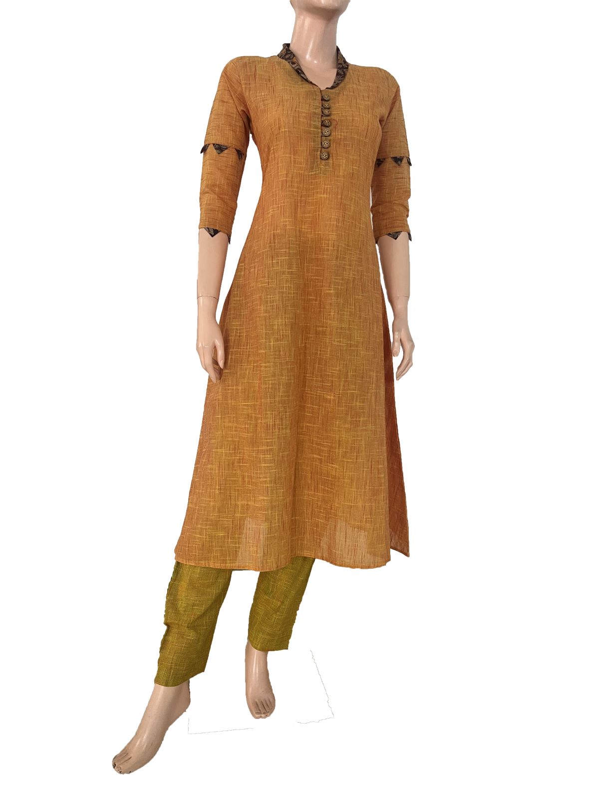 Slub Cotton Shawl Collar A line Kurta with Kalamkari Patches, Mustard , KH1078