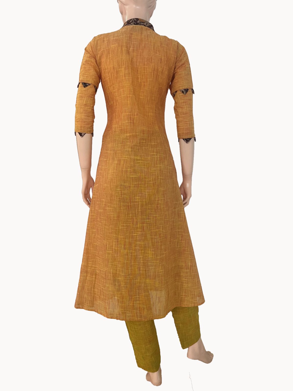 Slub Cotton Shawl Collar A line Kurta with Kalamkari Patches, Mustard , KH1078
