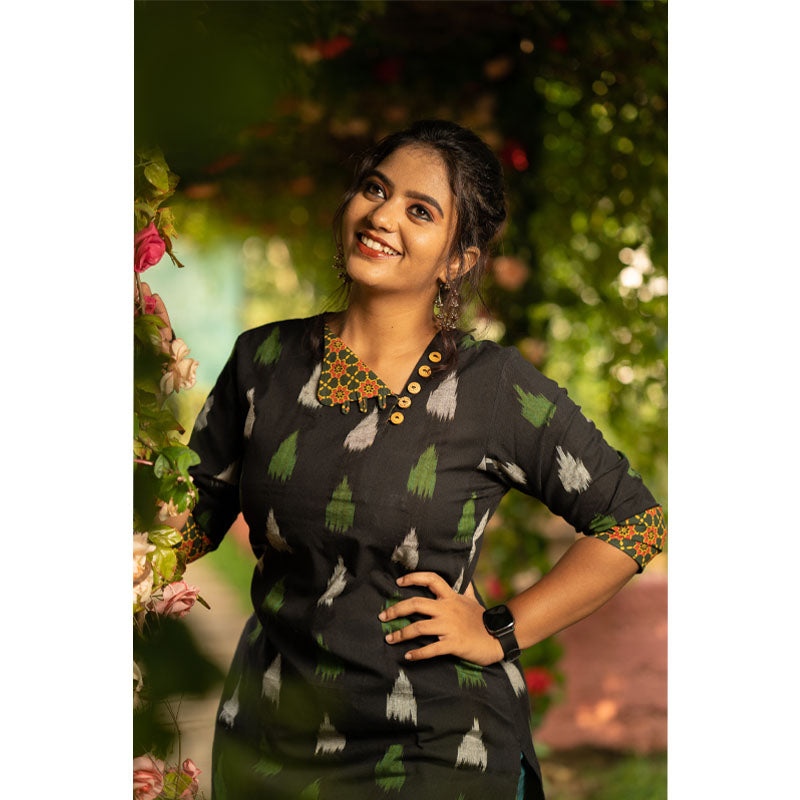 Ikat Cotton Kurta with Triangular Neck & Wooden Button Details, Black, KI1033