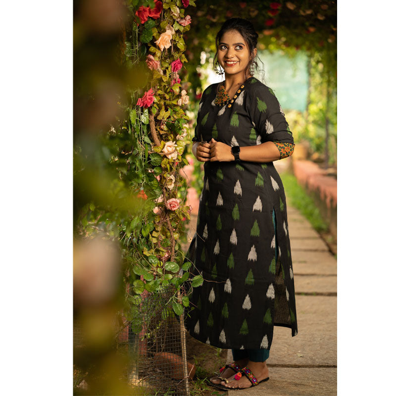 Ikat Cotton Kurta with Triangular Neck & Wooden Button Details, Black, KI1033