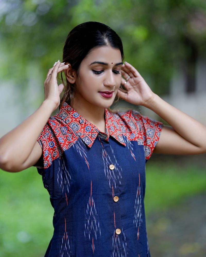 Ikat - Ajrakh Cotton A- line Kurta with Shirt collar, Mega Sleeves & Wooden Button Details, Navyblue- Orange, KI1034