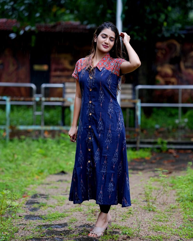 Ikat - Ajrakh Cotton A- line Kurta with Shirt collar, Mega Sleeves & Wooden Button Details, Navyblue- Orange, KI1034