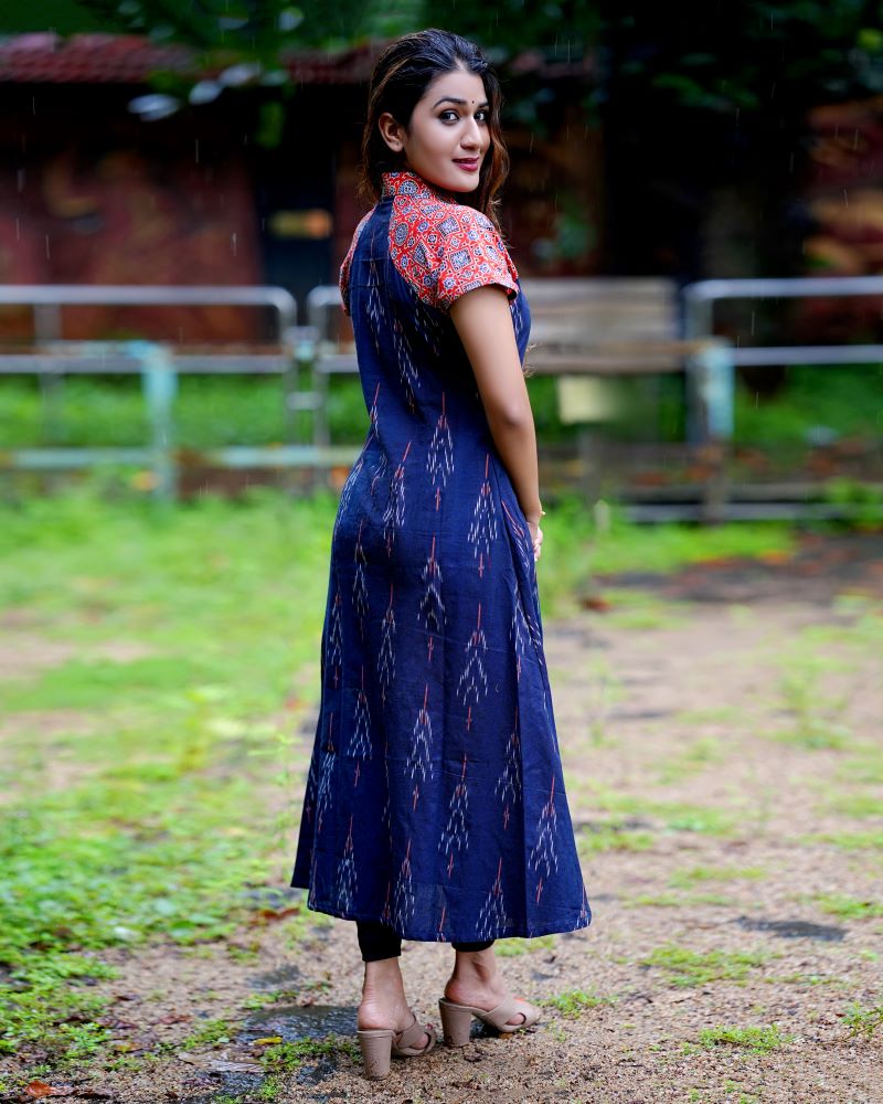 Ikat - Ajrakh Cotton A- line Kurta with Shirt collar, Mega Sleeves & Wooden Button Details, Navyblue- Orange, KI1034