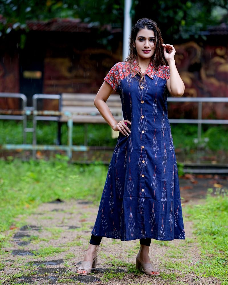 Ikat - Ajrakh Cotton A- line Kurta with Shirt collar, Mega Sleeves & Wooden Button Details, Navyblue- Orange, KI1034