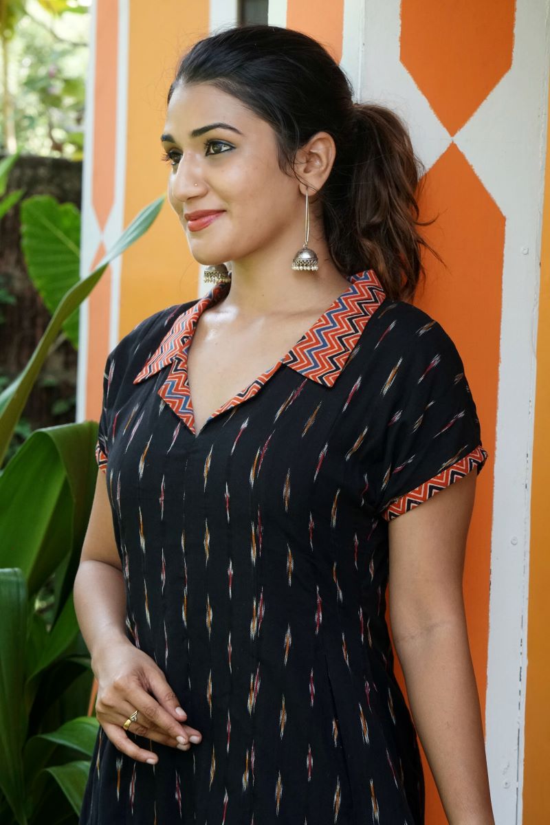 Ikat Cotton Coat Collar Paneled A Line Kurta with Mega Sleeves and Pockets, Black , KI1036