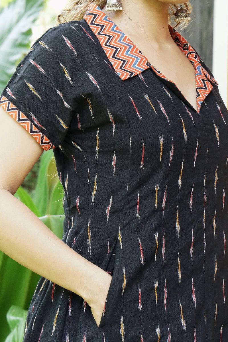 Ikat Cotton Coat Collar Paneled A Line Kurta with Mega Sleeves and Pockets, Black , KI1036
