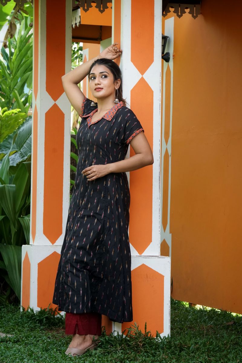 Ikat Cotton Coat Collar Paneled A Line Kurta with Mega Sleeves and Pockets, Black , KI1036