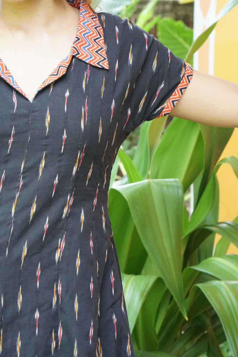 Ikat Cotton Coat Collar Paneled A Line Kurta with Mega Sleeves and Pockets, Black , KI1036