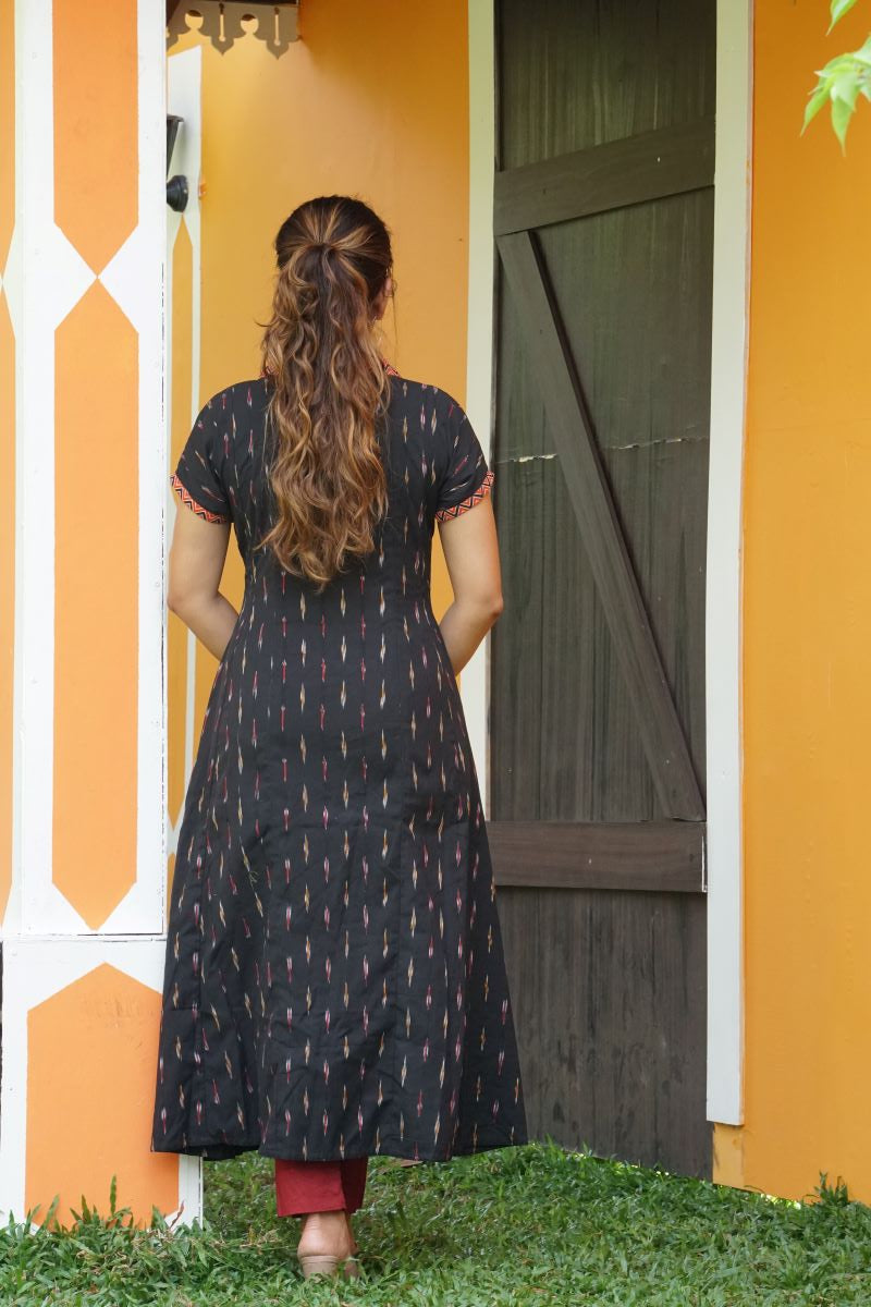 Ikat Cotton Coat Collar Paneled A Line Kurta with Mega Sleeves and Pockets, Black , KI1036