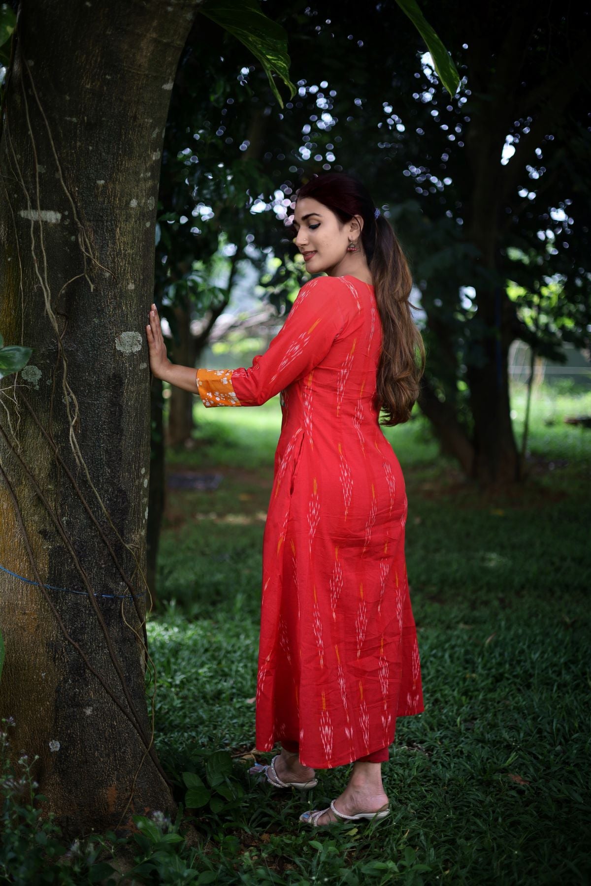 Ikat Cotton Y Neck A line Kurta with Bathik Cotton Patches and Phoolkari Lace Details, Red, KI1038