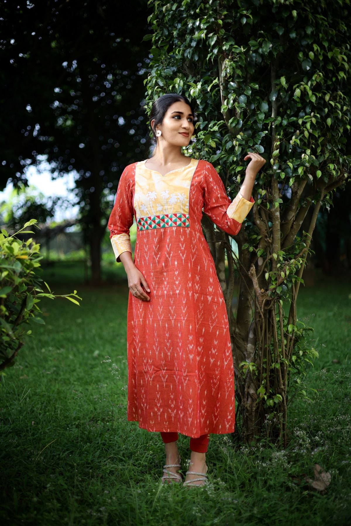 Ikat Cotton Y Neck A line Kurta with Bathik Cotton Patches and Phoolkari Lace Details, Rust - Orange, KI1039