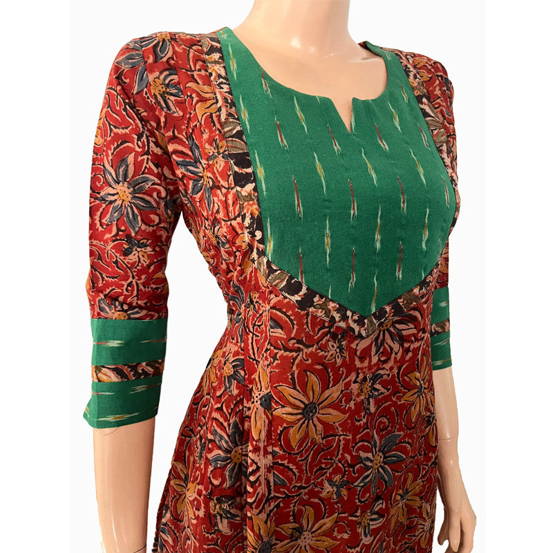 Kalamkari Cotton Y neck A line Kurta with Ikat Patches , Shaded Maroon, KK1072