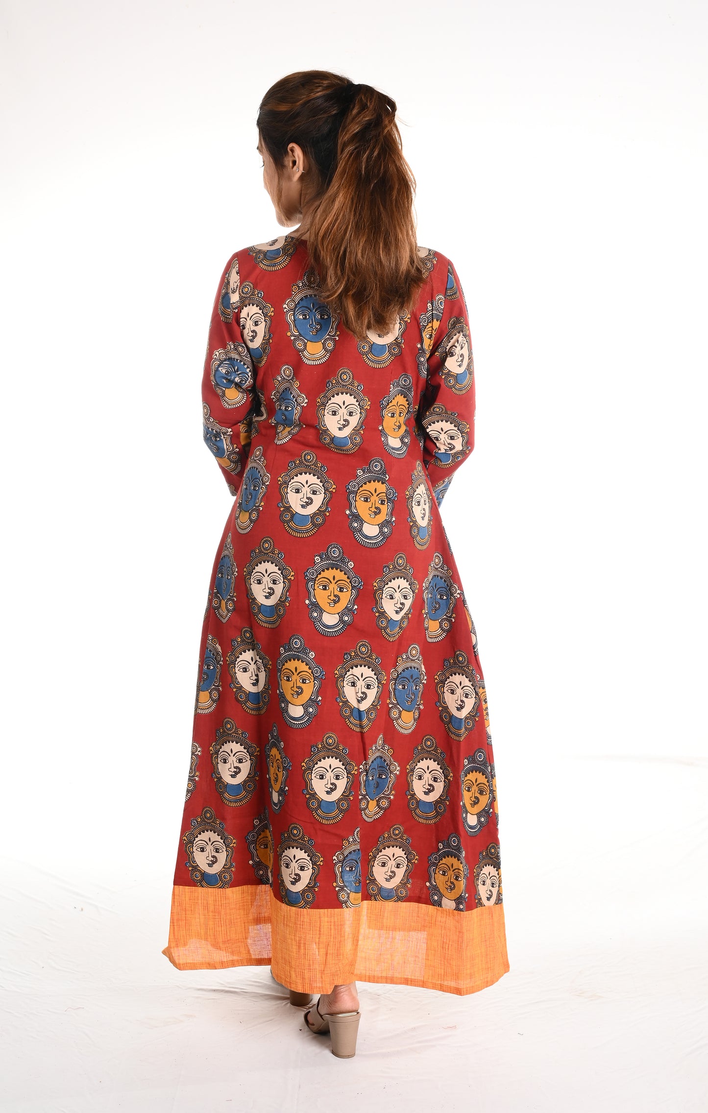 Kalamkari Cotton Roundneck Jacket Style Layered A line Kurta , Red - Mustard, KK1074