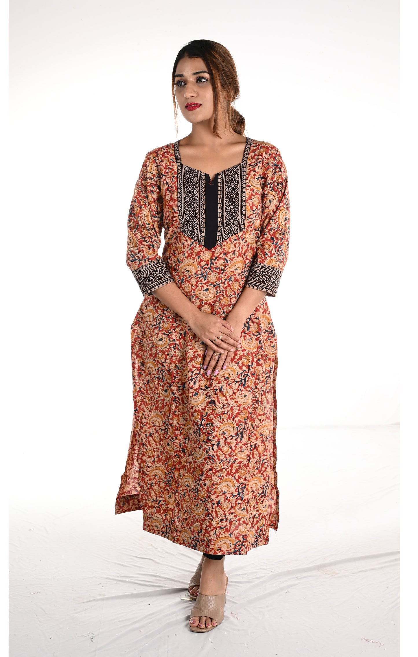 Kalamkari Cotton Y neck Straight cut Kurta with Ajrakh Patches , Maroon, KK1075