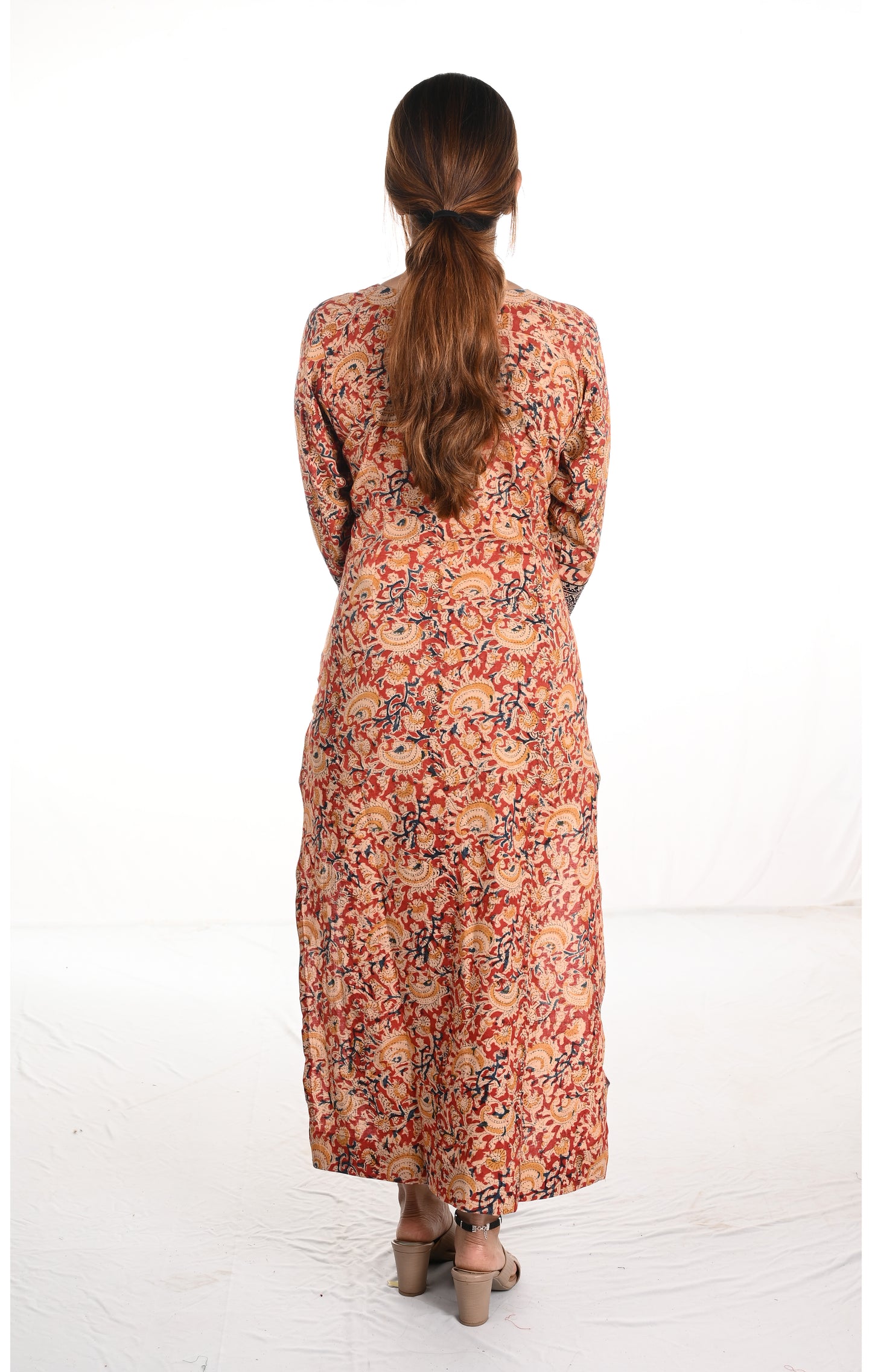 Kalamkari Cotton Y neck Straight cut Kurta with Ajrakh Patches , Maroon, KK1075
