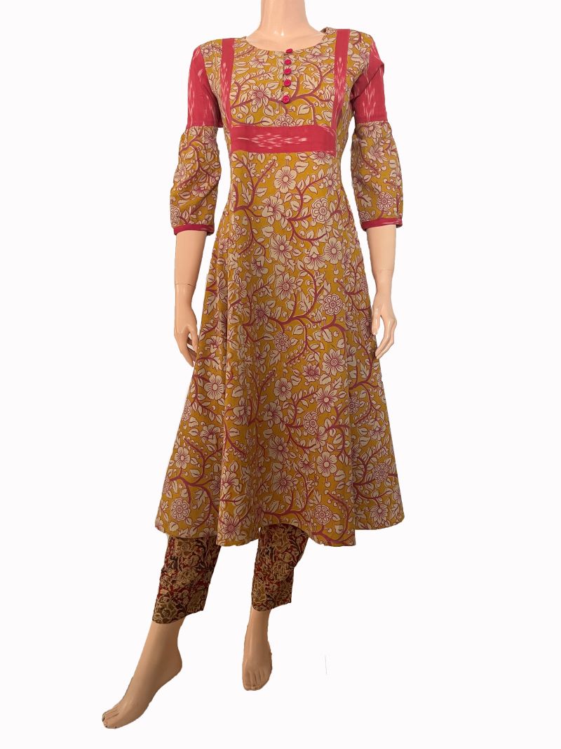 Kalamkari Cotton Round neck Paneled Kurta with Gathered sleeves &  Ikat  Patches , Mustard,  KK1076 Kalamkari Cotton Round neck Paneled Kurta with Gathered sleeves &  Ikat  Patches , Mustard,  KK1076