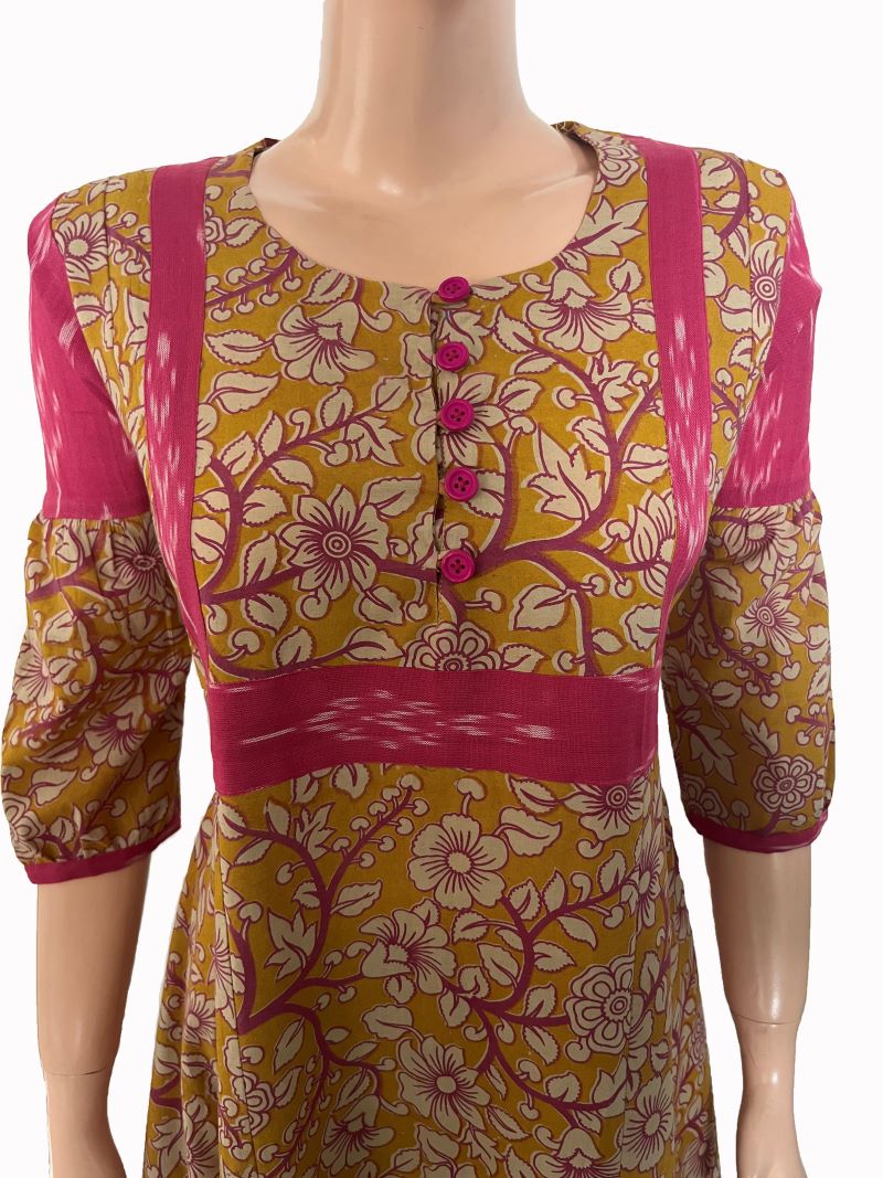 Kalamkari Cotton Round neck Paneled Kurta with Gathered sleeves & Ikat Patches , Mustard, KK1076