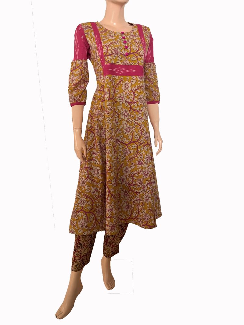 Kalamkari Cotton Round neck Paneled Kurta with Gathered sleeves & Ikat Patches , Mustard, KK1076