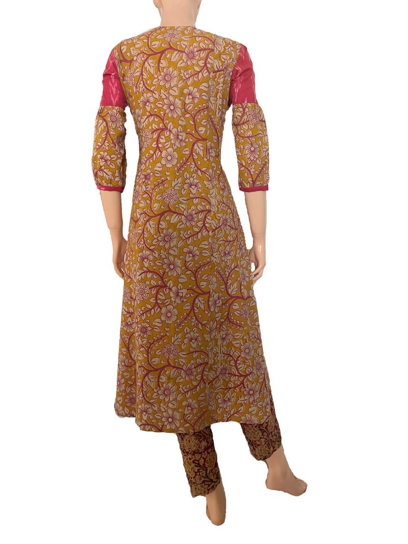 Kalamkari Cotton Round neck Paneled Kurta with Gathered sleeves & Ikat Patches , Mustard, KK1076