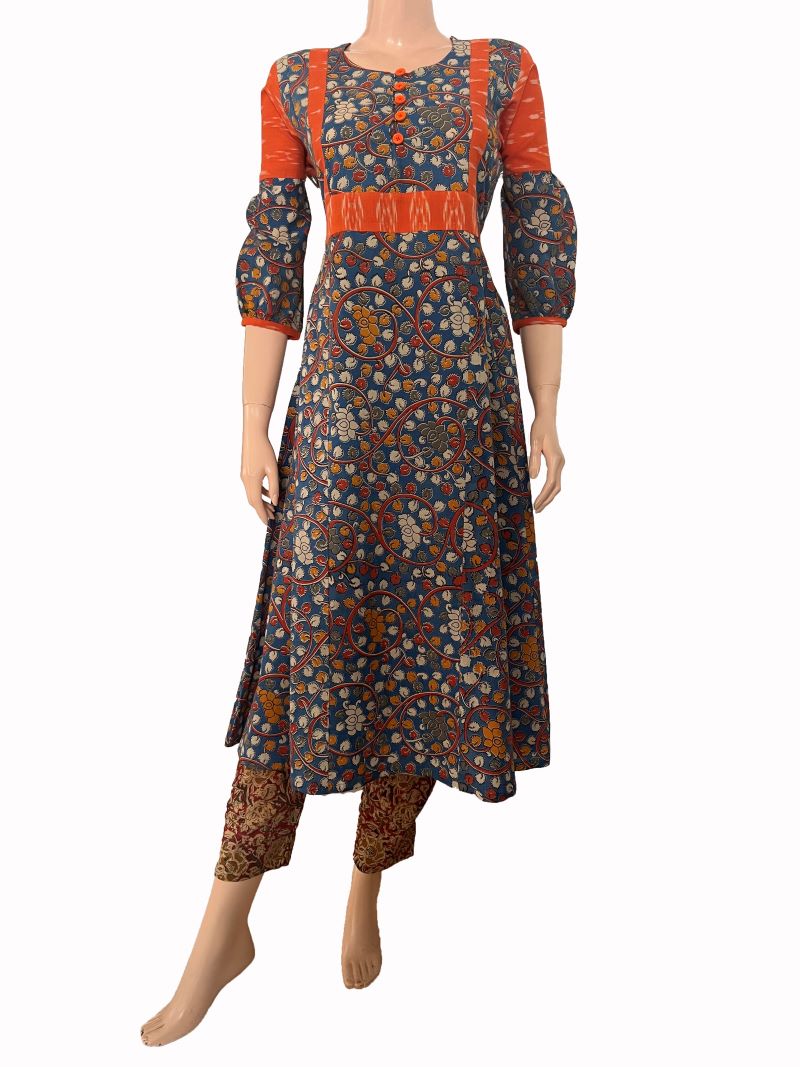Kalamkari Cotton Round neck Paneled Kurta with Gathered sleeves & Ikat Patches , Blue, KK1077