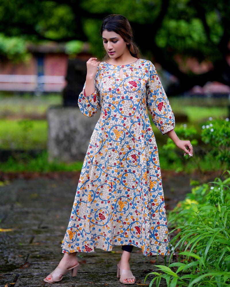 Kalamkari Cotton Boat neck Paneled Kurta with Gathered Sleeves , Ivory, KK1078