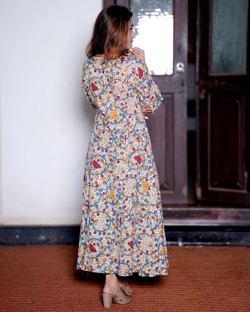 Kalamkari Cotton Boat neck Paneled Kurta with Gathered Sleeves , Ivory, KK1078