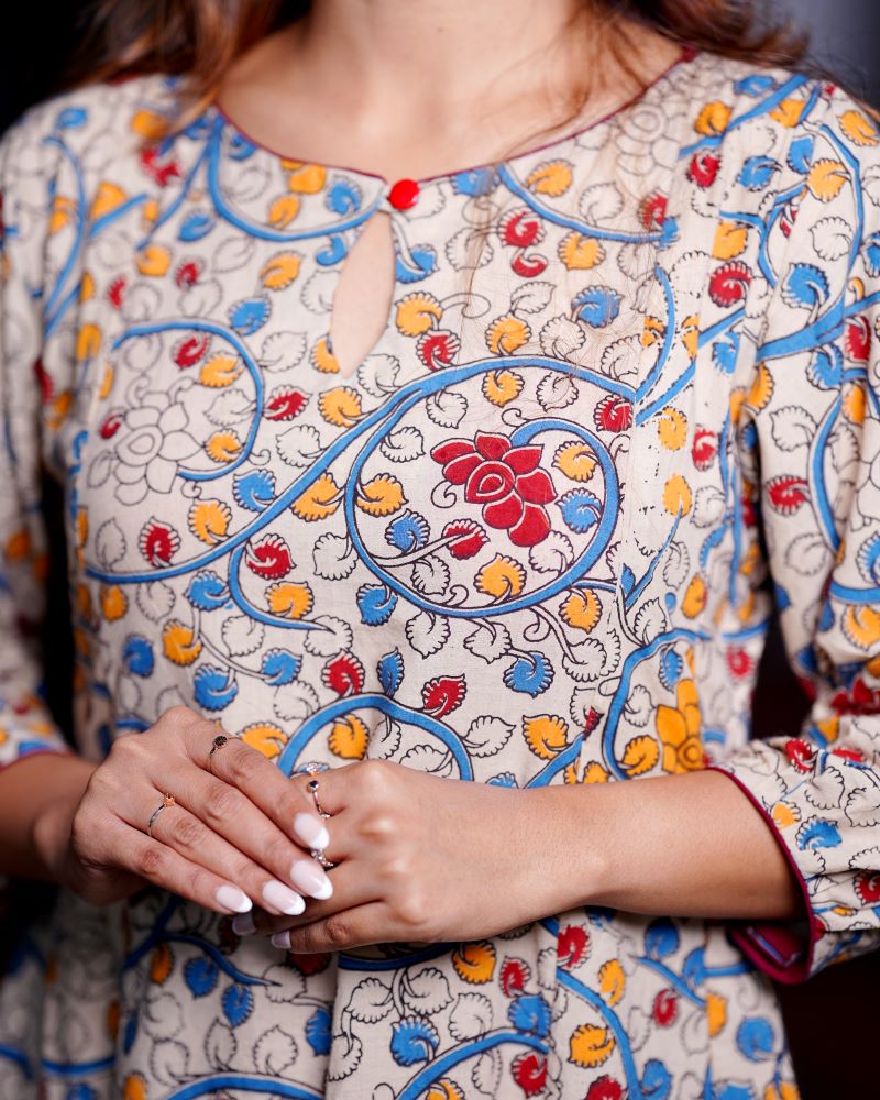 Kalamkari Cotton Boat neck Paneled Kurta with Gathered Sleeves , Ivory, KK1078