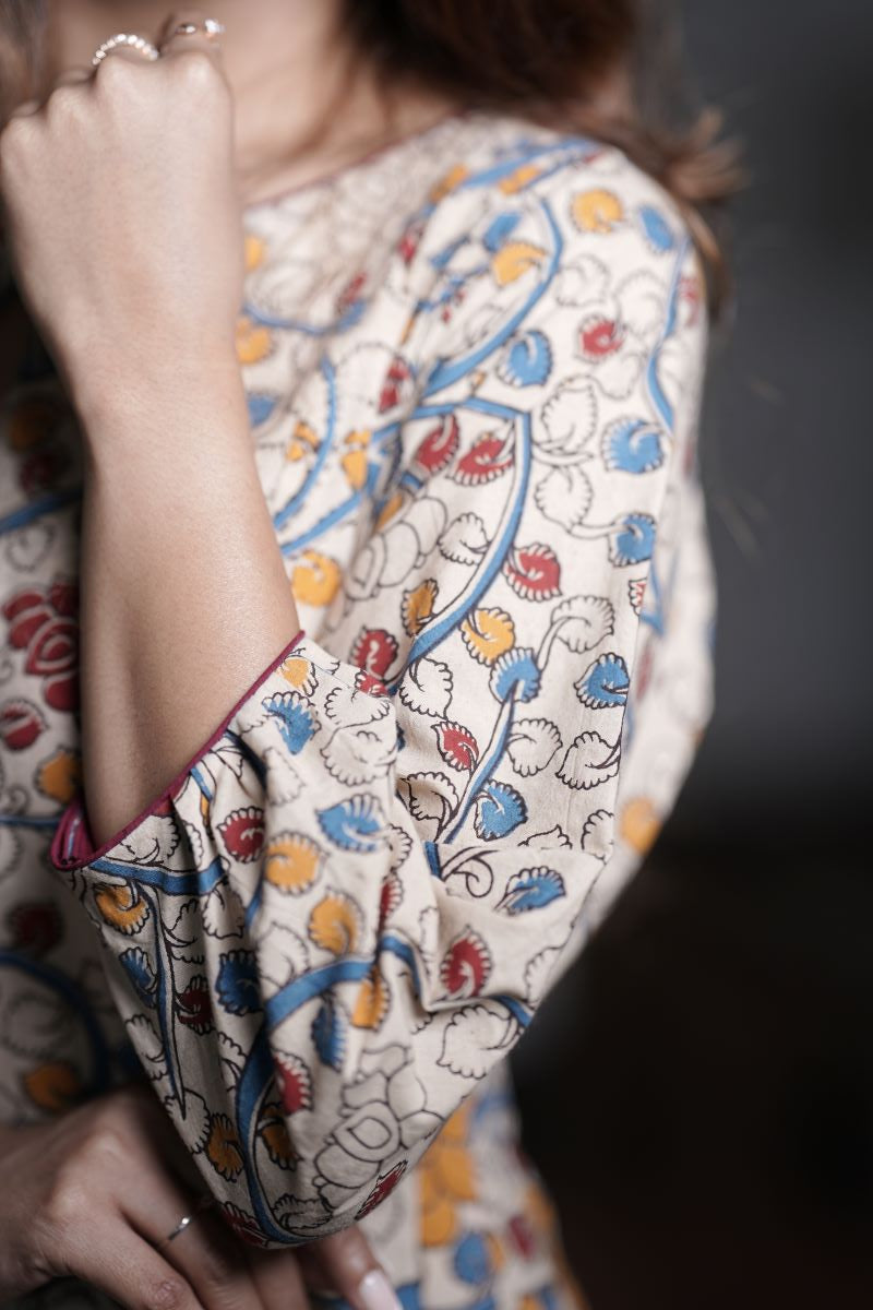 Kalamkari Cotton Boat neck Paneled Kurta with Gathered Sleeves , Ivory, KK1078