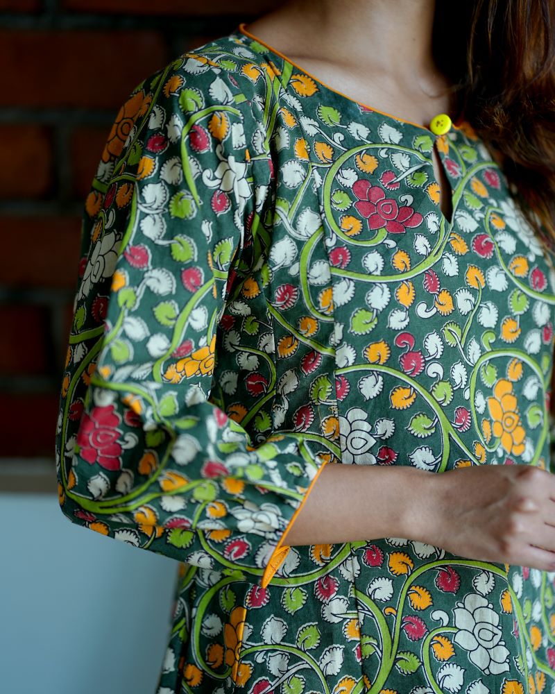 Kalamkari Cotton Boat neck Paneled Kurta with Gathered sleeves , Green, KK1079