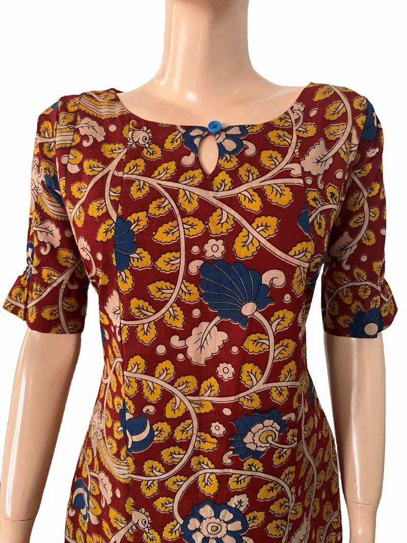 Kalamkari Cotton Paneled Boat neck Kurta with Gathered Half Sleeves & Keyhole front, Maroon, KK1087