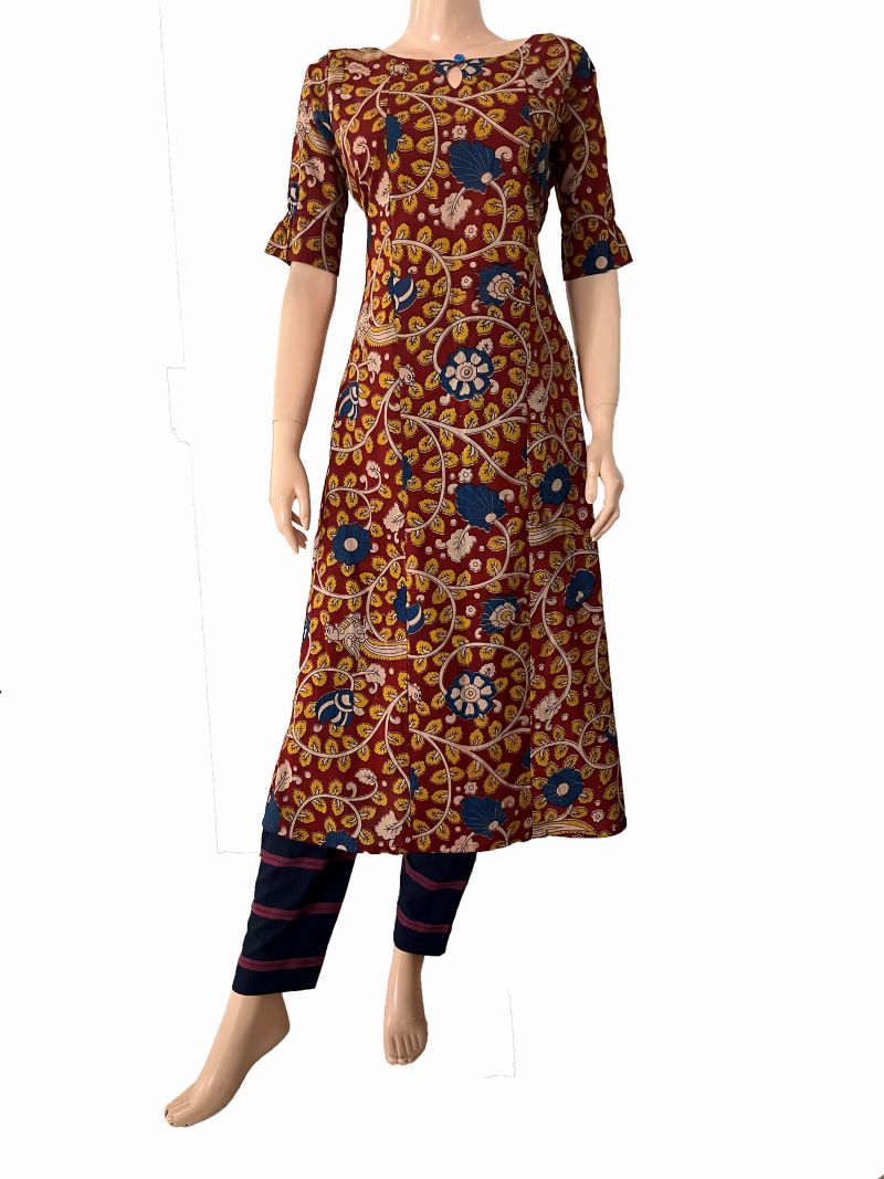Kalamkari Cotton Paneled Boat neck Kurta with Gathered Half Sleeves & Keyhole front, Maroon, KK1087