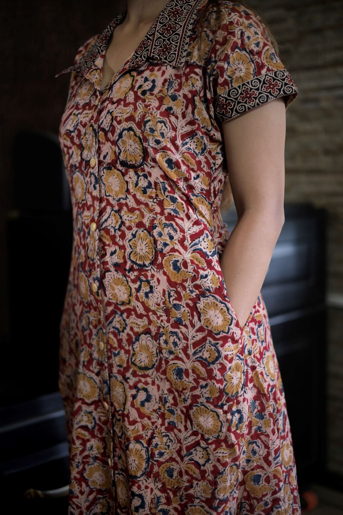 Kalamkari Cotton A line Shirt Collar Kurta with Wooden Button Details & Mega Sleeves, Maroon, KK1091