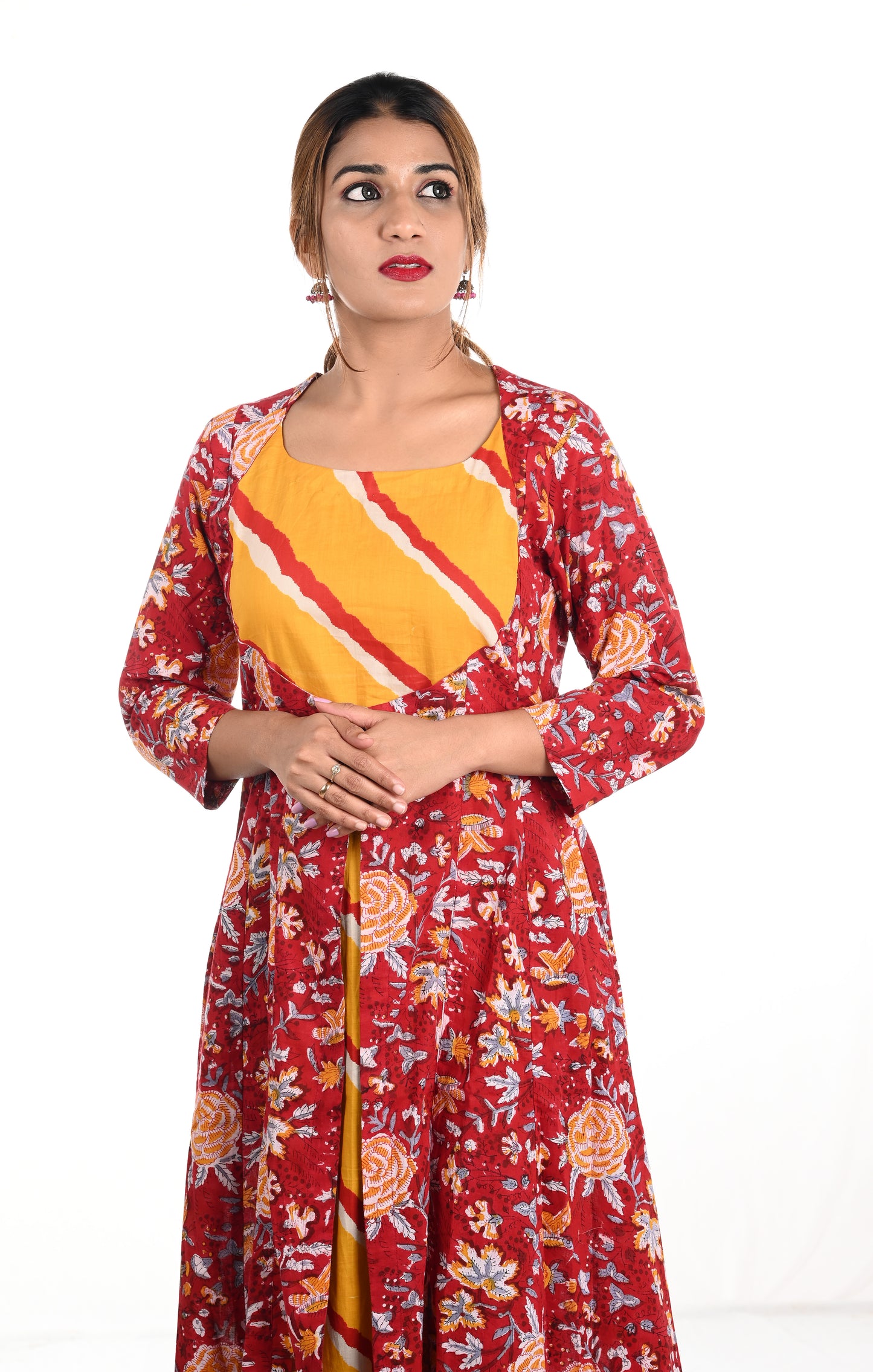 Jaipur Printed Cotton Jacket Style A line Kurta with Round neck, Red, KP1084