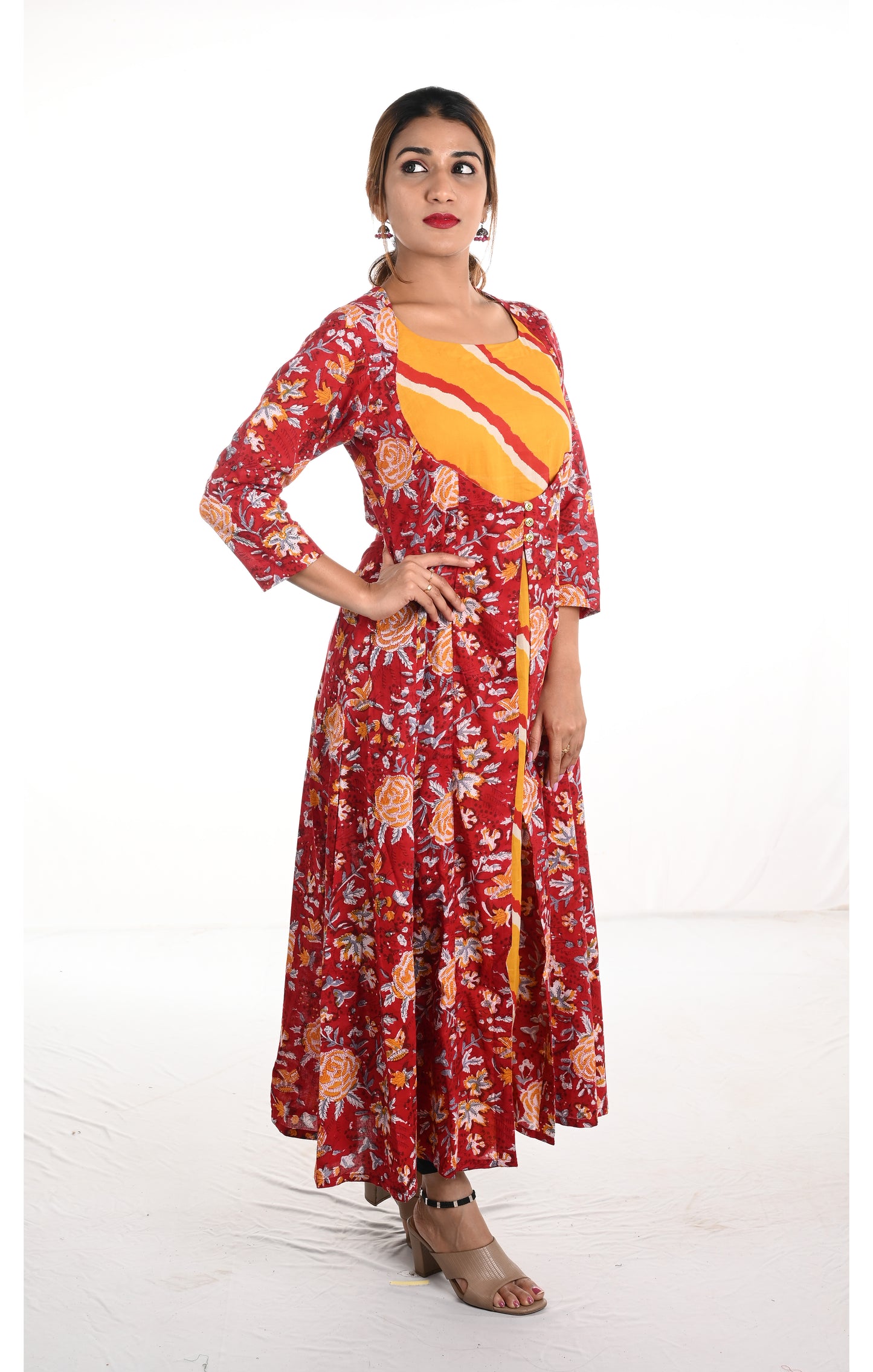 Jaipur Printed Cotton Jacket Style A line Kurta with Round neck, Red, KP1084