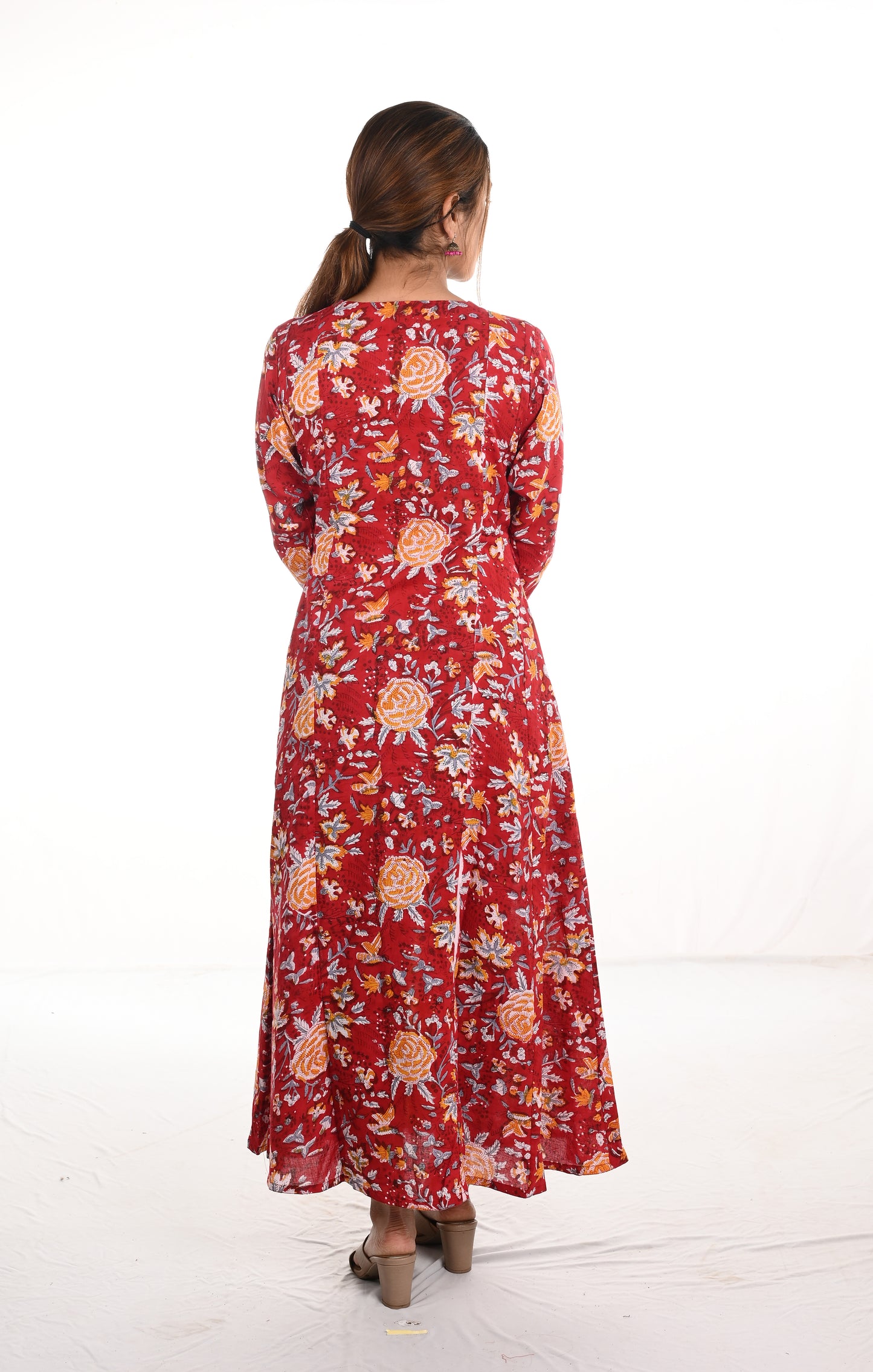 Jaipur Printed Cotton Jacket Style A line Kurta with Round neck, Red, KP1084