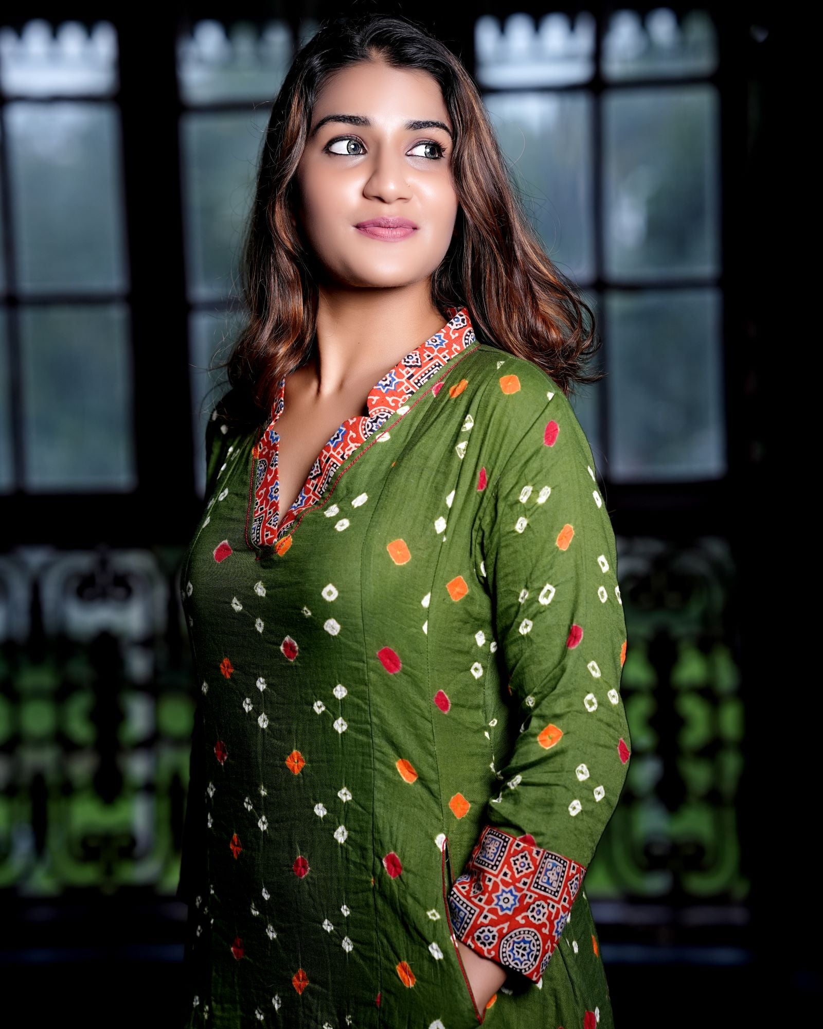 Bandhani Cotton V-collar neck Paneled kurta with Ajrakh Patches and 3/4 Sleeves, Olive Green, KP1085