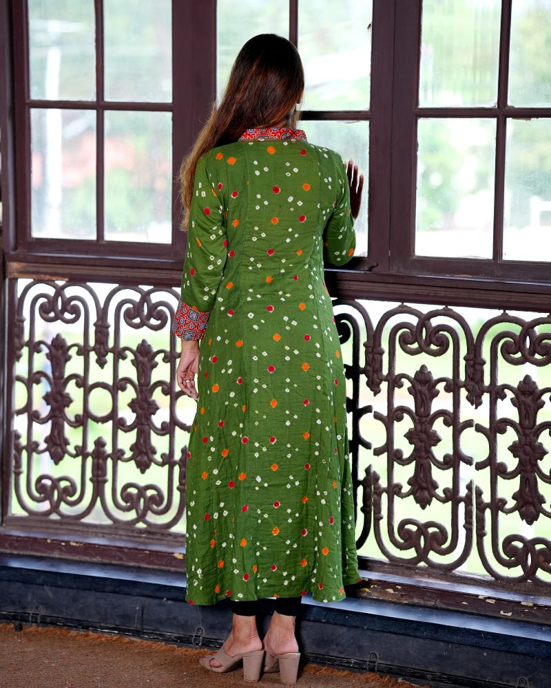 Bandhani Cotton V-collar neck Paneled kurta with Ajrakh Patches and 3/4 Sleeves, Olive Green, KP1085